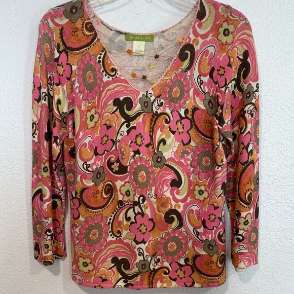 Sigrid Olsen Floral Knit Stretch Top MultiColor Beaded String V-Neck EUC Sz Med - Picture 1 of 7